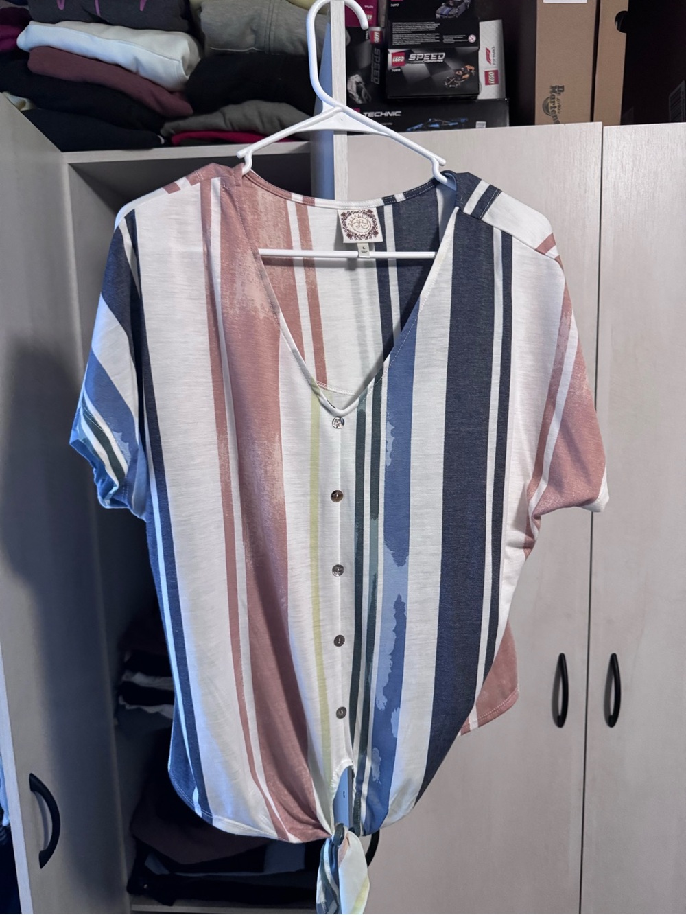 Technics Striped V-Neck Button Tie-Front Top in Blue, Pink, White